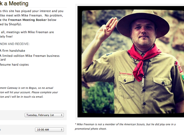 After showing off his digital resume, Mike Freeman lets potential employers "book a meeting" with him online.