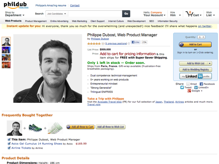 Philippe Dubost built a website that looks like a product page for Amazon.