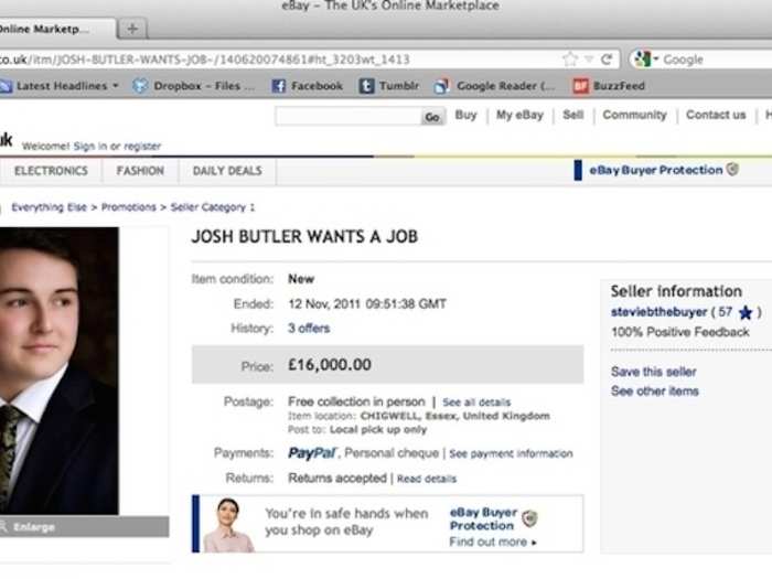 Josh Butler sold himself on eBay with his resume. He even got three bids.