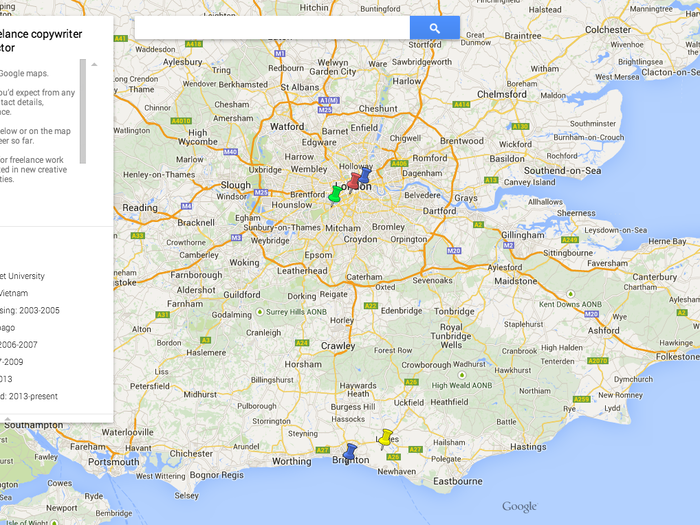 Ed Hamilton used Google Maps to showcase his copywriting experiences.