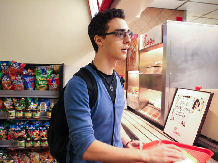 Like any college freshman, he eats an inordinate amount of food. The NYU food court