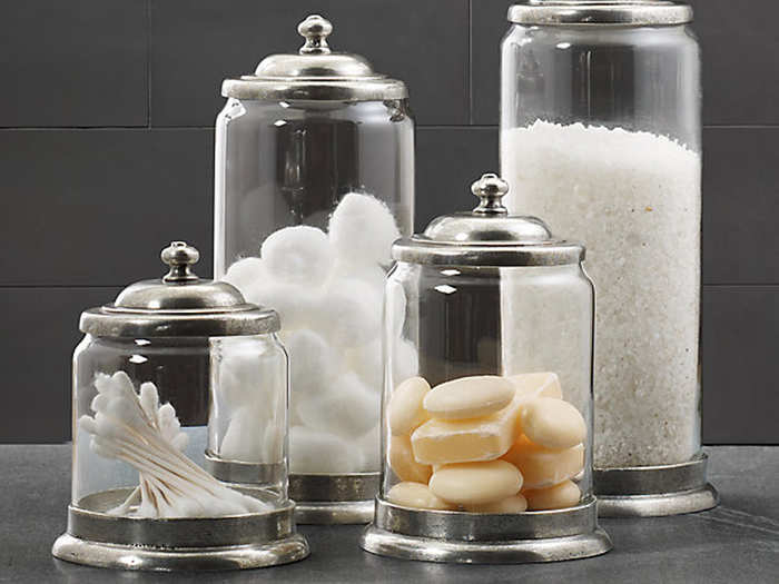 To compliment your countertop accessories, get some matching storage jars to keep all your bathroom consumables in. They look a lot nicer than leaving your Q-tips in the container.