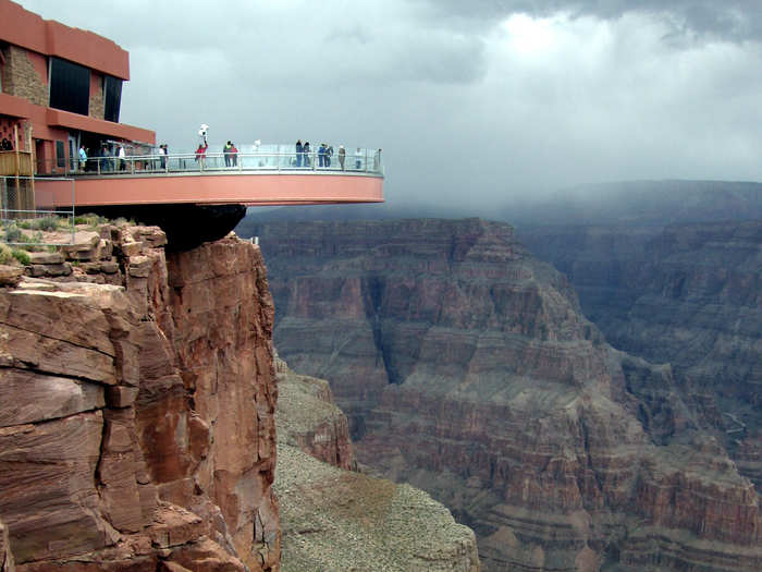 Feel the terror as you look down 4,770 ft. into the base of the Grand Canyon from the glass-bottom Skywalk platform.