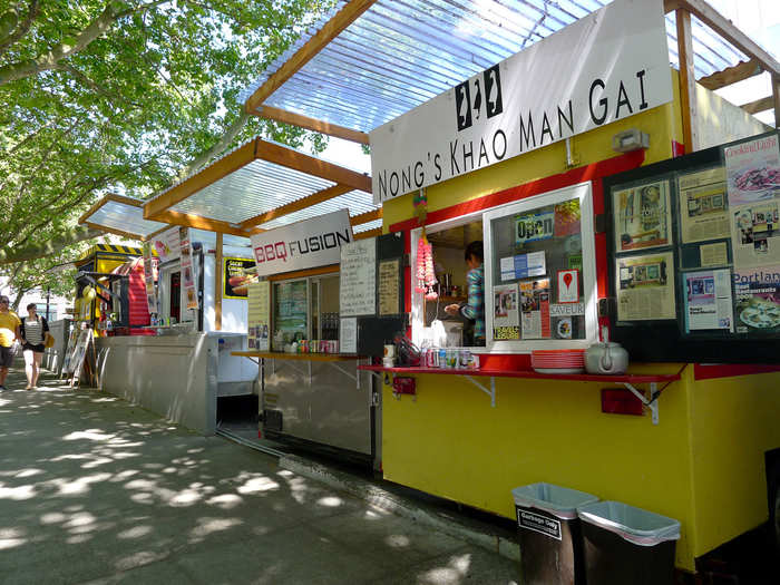 Sample Korean tacos, artisanal cupcakes, and other street foods in Portland, Oregon, where vendors line up their food carts in "pods."