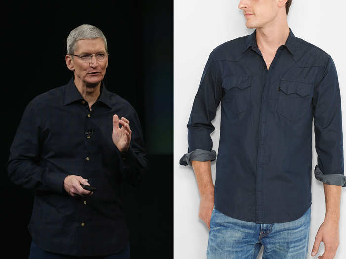 To dress like Apple CEO Tim Cook, try an untucked button-down shirt in black or blue. This one is available at Levi