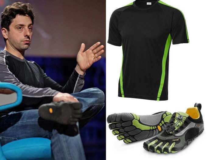 Google cofounder and adrenaline aficionado Sergey Brin generally opts for a more athletic look. His Vibram FiveFingers shoes are available for $52, while the athletic shirt is $18.96.