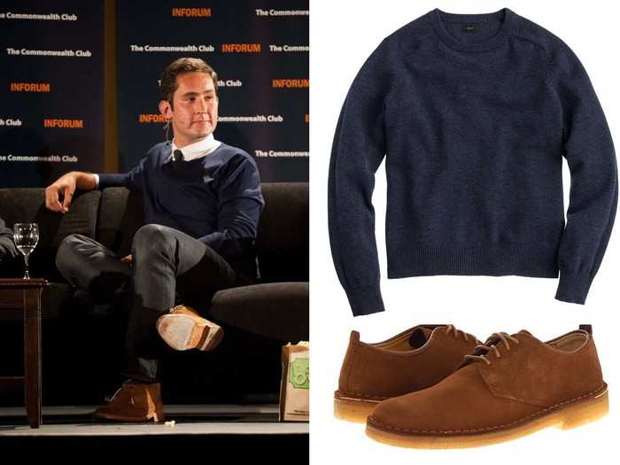 Instagram CEO Kevin Systrom maintains a polished and preppy look. You can copy his style with this $70 wool sweater from J. Crew and $120 suede shoes.