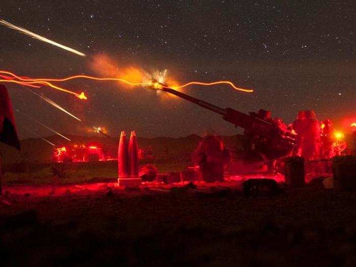 U.S. Marines with Lima Battery, 3rd Battalion, 11th Marine Regiment, fire M777A2 Lightweight Howitzers during exercise Steel Knight in California.