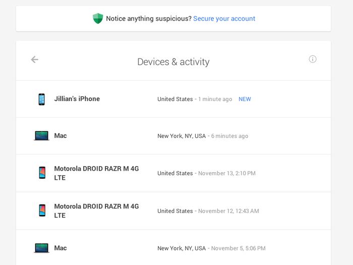 Google also keeps track of what devices you use and when you were last active on them.
