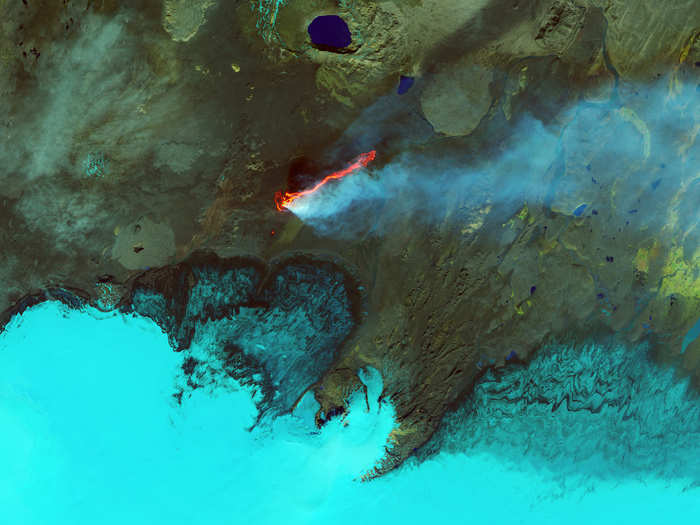 This false-colored image taken last September shows fresh lava in red spewing from the Holuhraun lava field in Iceland.