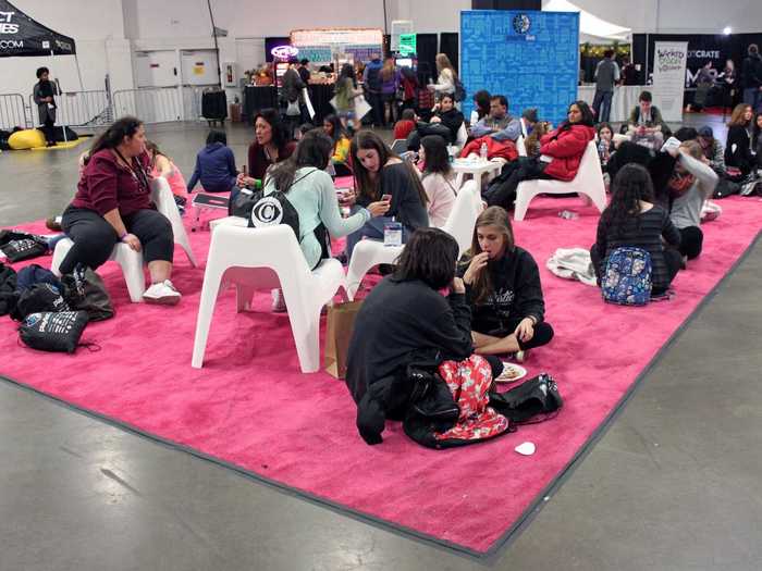 Fans and parents who needed a break could hang out in this lounge area, though there was obviously limited seating. We talked to a tired-looking mom named Kristen, whose daughter Sarah was waiting in line to meet YouTube star Tyler Oakley. "It