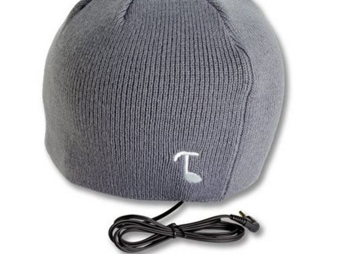 Keep runners warm and entertained with a hat that has removable headphones.