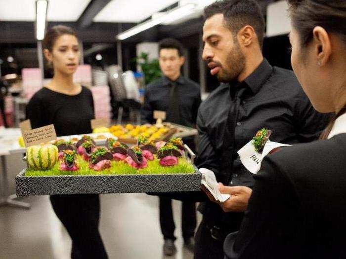 So the pair partnered with Kalynn Dong (center) and her team at Toi et Moi Events. In addition to her catering company, Dong owns a chain of bibimbap kiosks in Manhattan that produce a large amount of usable food waste. The team used discarded beef cuts from the kiosks to make these beef tacos. The meat was braised in a coffee glaze made from spent coffee grounds from a nearby roaster.