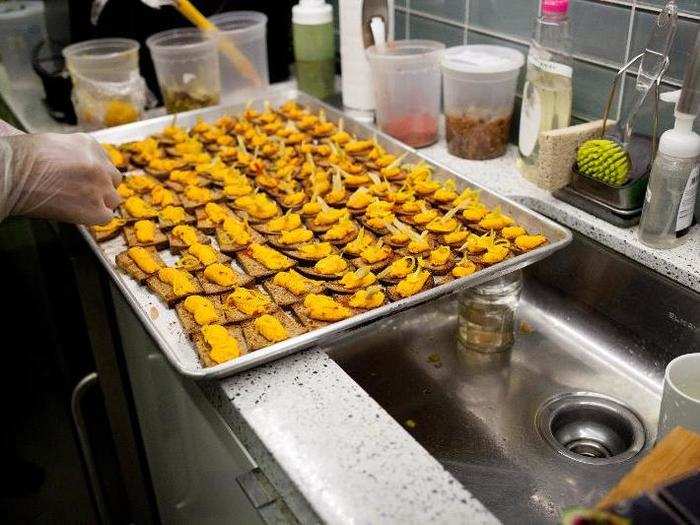 This toasted crostini with spread is a popular dish at all of Salvage Supperclub’s dinners. The crostini is made from stale, day-old bread from the International Culinary Center, which has been toasted. Lam creates carrot hummus from aging carrots, which have lost their texture but maintain their flavor and nutritional value.