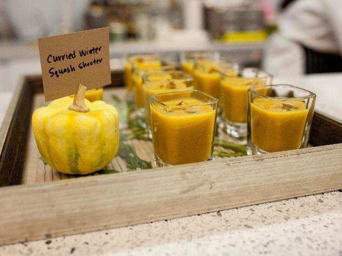 Soups and shooters are another popular menu choice, because the texture of an old vegetable or blemishes on its skin don’t matter. Party-goers described this curried winter squash shooter as "delicious" and having a "spicy, smoky flavor."