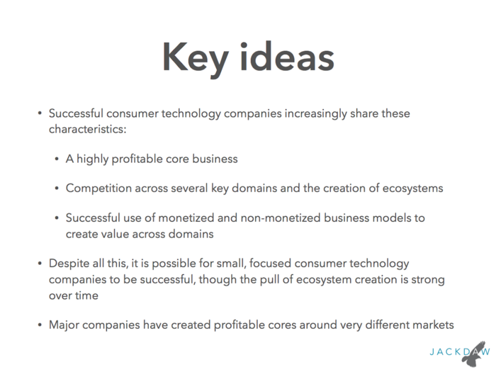 The main things to know about a successful business: it has a profitable core business, and it competes across a number of other categories to create a powerful ecosystem.