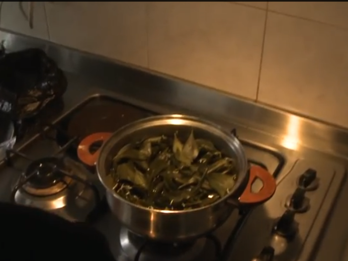 The coca leaves are distilled on the stove-top.