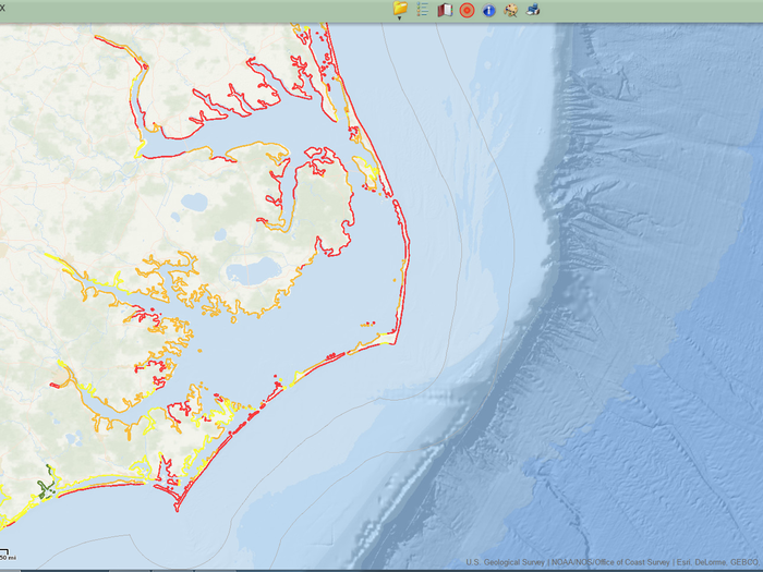 This map, from the US Geological Survey, shows how vulnerable different parts of the North Carolina coast are to sea level change. The red areas have very high vulnerability, and the orange areas have high vulnerability.