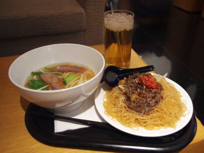 For lunch, try stir-fried rice noodles with meat sauce, barbecued pork noodle soup, and white wine with soda water.