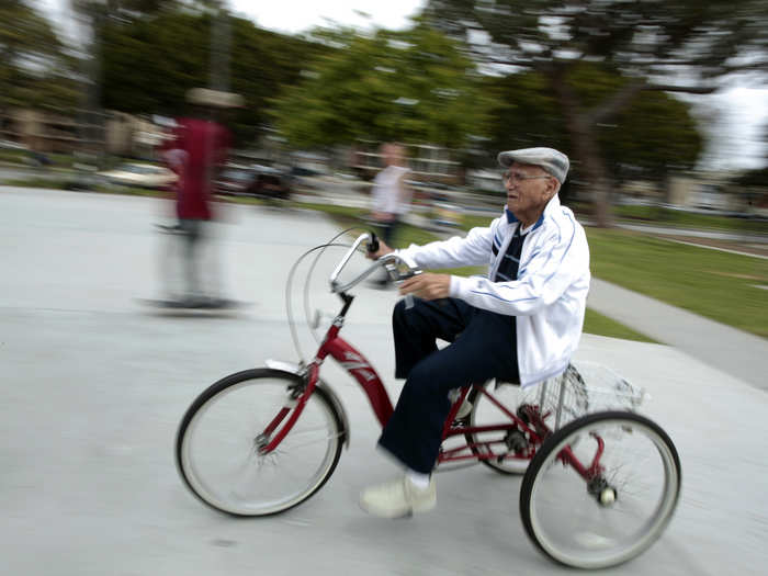 Octavio Orduno, 103 at the time of this photograph, goes for his daily cycle ride in Long Beach, California. Orduno has been riding for 96 years.