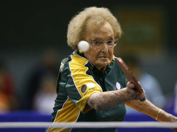 Dorothy De Low, 99, from Australia, participates in table tennis practice at the World Masters Games at Sydney Olympic Park October, 2009.