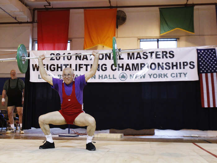 Chan Berbary, 68, competes in the 65- to 69-year-old division of the 2010 National Masters Weightlifting Championships at the Lost Battalion Hall Recreation Center in New York, April 9, 2010.