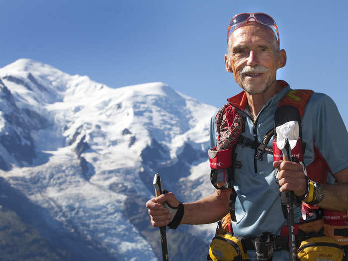 71 year-old Swiss runner Werner Schweizer poses with Mont-Blanc in the background as he trained ahead of the Ultra-Trail du Mont-Blanc (UTMB) at Les Flegeres in Chamonix in August, 2010. The race was due to circle around the highest peak in Europe passing from France into Italy and Switzerland, but was cancelled a few hours after the start due to difficult weather conditions.