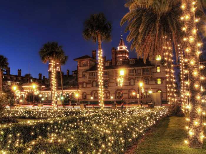 Downtown St. Augustine, Florida becomes bright during the city