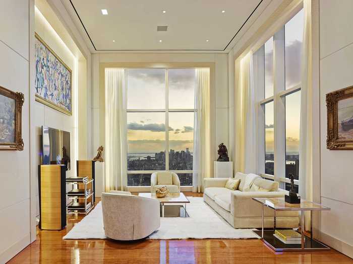 Located 90 stories above Manhattan, this penthouse offers views of the city and beyond.