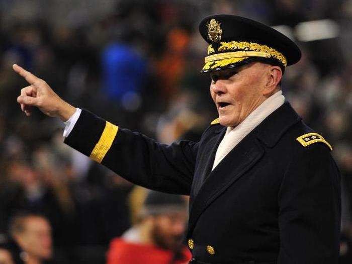 West Point graduate and Chairman of the Joint Chiefs of Staff General Martin E. Dempsey, leads the Core of Cadets in a classic West Point chant.