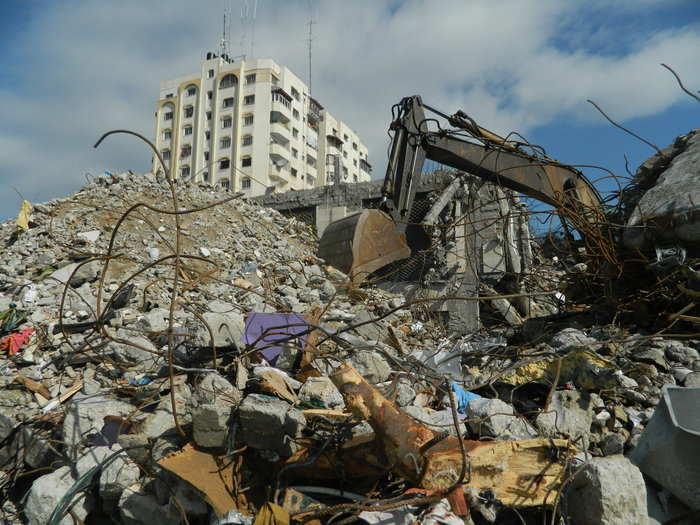 Rubble from the summer conflict is everywhere. These are some of the remains of the Italian Tower on the outskirts of Gaza City, a high-rise building heavily damaged in an airstrike during the closing days of the conflict.