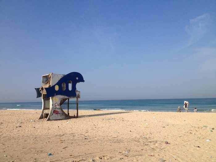 A disused lifeguard stand sits on the beach in Nuseirat, a few kilometers down the coast from Gaza City.