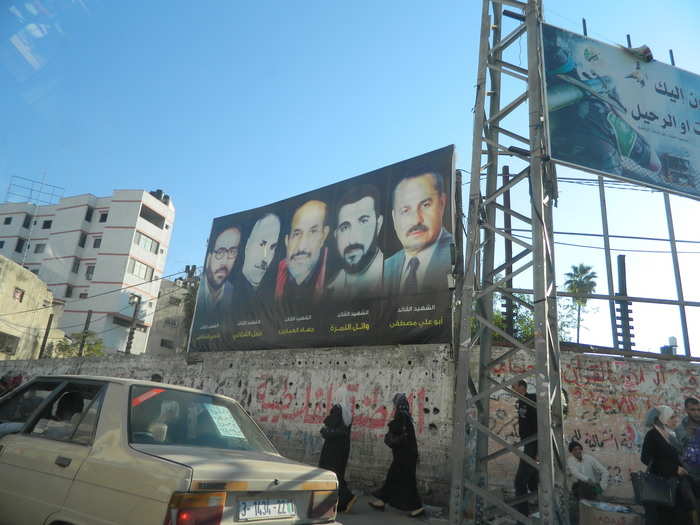 This image of five men — founding leaders of Hamas, Fatah, Palestinian Islamic Jihad, and other hardline Palestinian militant factions — is ubiquitous throughout the Strip.