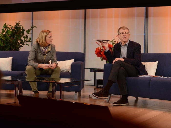 John Doerr, managing partner at Kleiner, Perkins, Caufield, and Byers, right, spoke with Jessi Hempel, a senior writer at Wired.