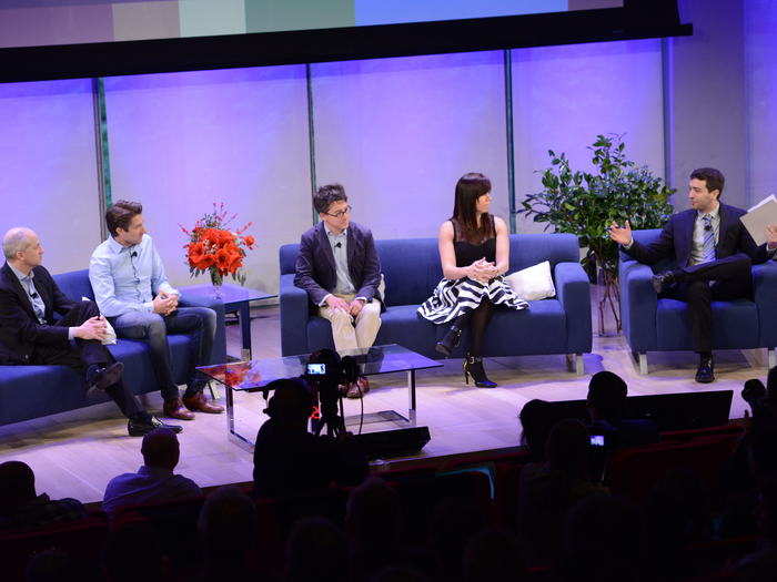 An esteemed panel: Kelly Abcarian, SVP of Watch Product Architecture at Nielsen, second from right; Benedict Evans, a partner with Andreessen Horowitz, third from right; David Krantz, CEO of YP, left; Miha Mikek, CEO and cofounder of Celtra Inc., second from left; and moderator, Business Insider