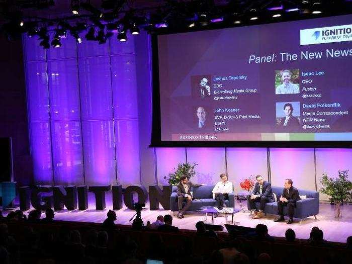 A panel with John Kosner, EVP of digital and print media at ESPN, right; Isaac Lee, CEO of Fusion, second from left; Joshua Topolsky, CDO at Bloomberg Media Group, second from right; moderated by NPR News