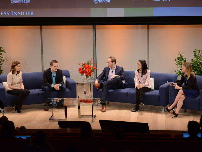 Alyson Shontell, right, spoke with Dustee Jenkins, VP of social media for Target, left; Dao Nguyen, publisher for BuzzFeed, second from right; Jan Rezab, CEO of Socialbakers, second from left; and Rob Tarkoff, CEO of Lithium, third from right, about brands and publishers using Facebook.