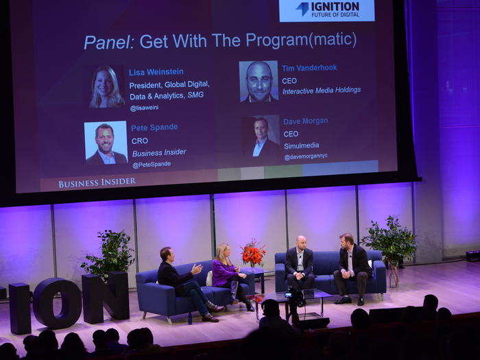 Lisa Weinstein, president of global digital, data, and analytics for SMG, second from left; Tim Vanderhook, CEO of Interactive Media Holdings, second from right; Pete Spande, CRO at Business Insider, right, and Dave Morgan, CEO of Simulmedia, left, discussed automated advertisements.