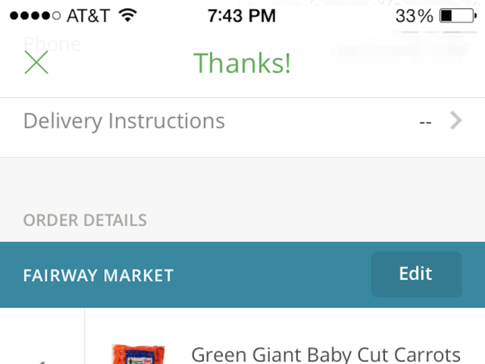 Once I chose everything, it showed my total cost and estimated delivery time. Delivery was free because it was my first order, but it usually costs $7.99 for orders under $35 and $3.99 for orders over $35.