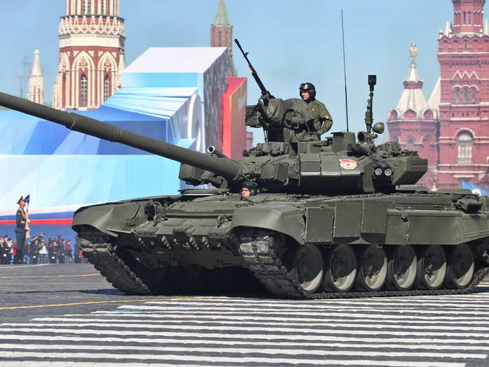 The T-90: The most advanced battle tank currently in use in the Russian armed forces. Its main weapon is a 125 mm smoothbore gun with anti-tank capabilities but it also boasts a remote-controlled anti-aircraft heavy machine gun.