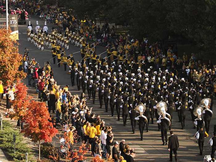 Hours before the homecoming game, Mizzou hosts a parade throughout campus and downtown Columbia. Here is "Marching Mizzou" performing in the streets.