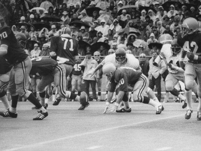 In the early 1970s, the Ducks (dark jerseys) were wearing a simple gold helmet without logos or numbers.