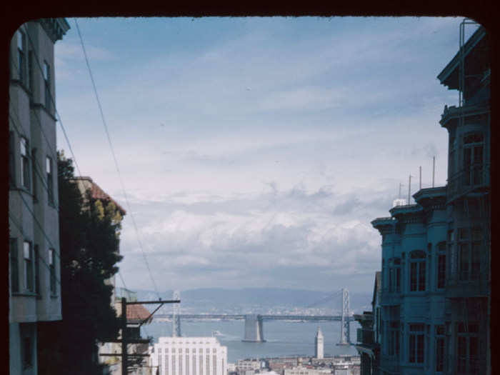 Cushman snapped a photo of the view down cable car tracks on Washington Street from the top of Nob Hill.