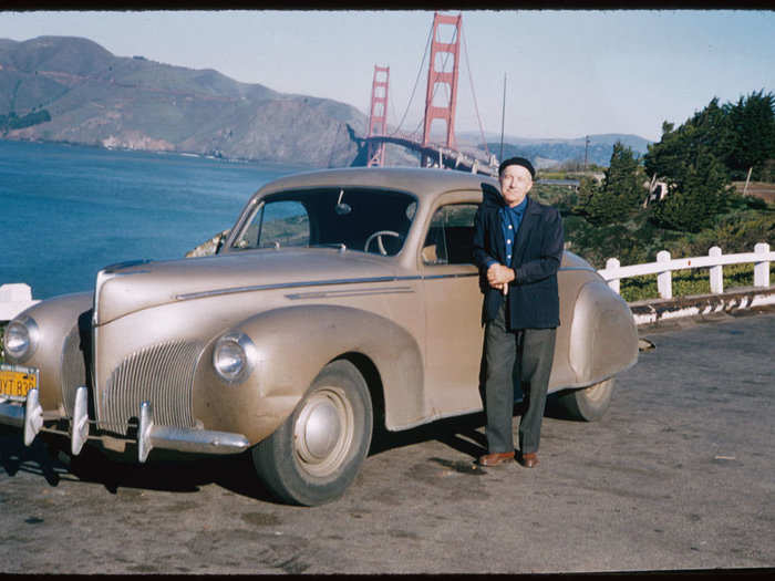 Cushman himself poses with his 1940 Lincoln Zephyr and the Golden Gate Bridge in 1958.