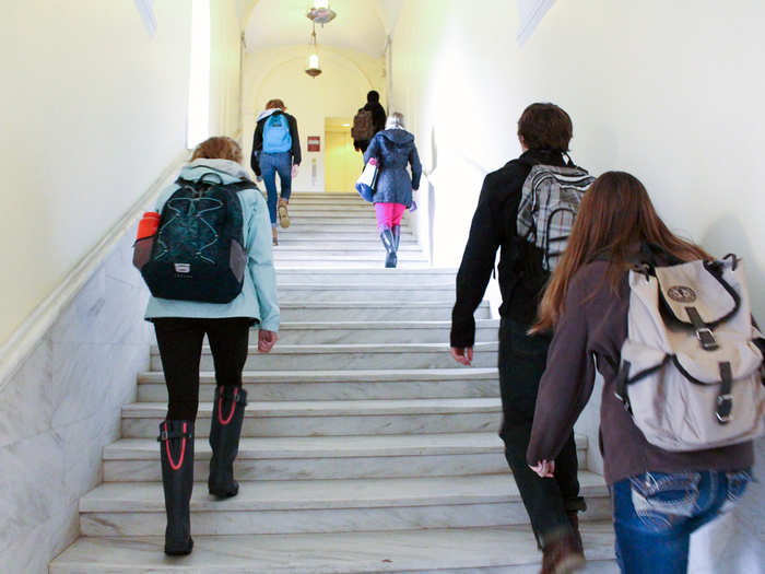 Assembly ended — but not before faculty reminded us that next week, "Breaking Bad" producer and alum Stewart Lyons would speak — and students scurried off to class. I took notice of the dress code: boys wear shirts and ties, and girls wear pretty much anything appropriate. Jeans are okay.