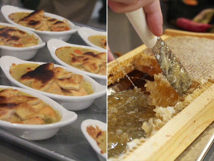 Lunch is included in the tuition fee and served buffet-style, with cuisines from around the world represented. The menu changes with the seasons, and the kitchen sources one-third of ingredients locally. The individual chicken pot pies and sticky-sweet honeycomb looked delicious.