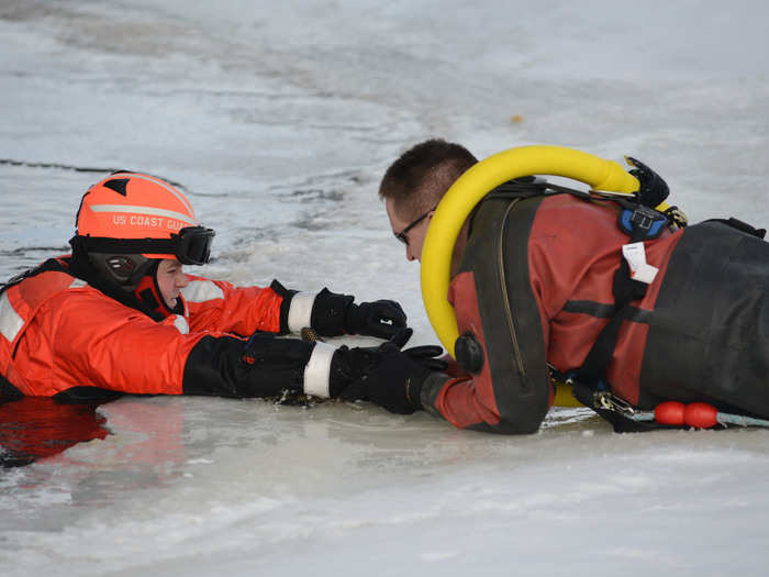 Before taking part in operations, Coast Guard service members must receive substantial training, such as how to rescue individuals who might have fallen through the ice.