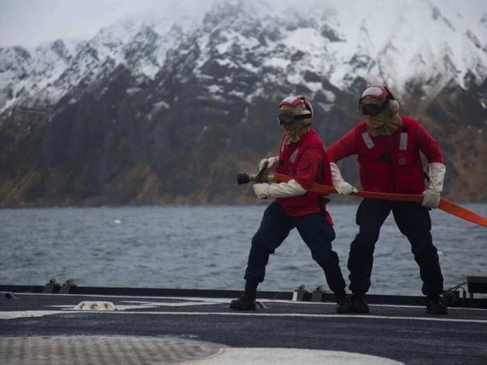 Crew members also routinely prepare for fires aboard vessels.