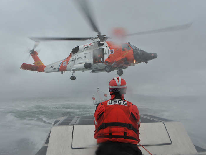 The Coast Guard also constantly practices for helicopter evacuation missions at sea.