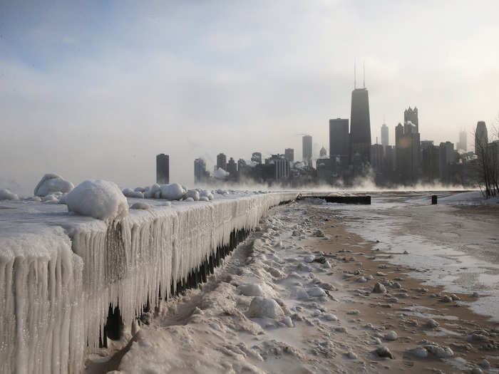 The coldest weather in two decades hit the Midwest at the beginning of the year — this photo shows a wall of ice that built up around Lake Michigan. It does a great job of summing up the intense cold that earned Chicago the nickname "Chiberia."
